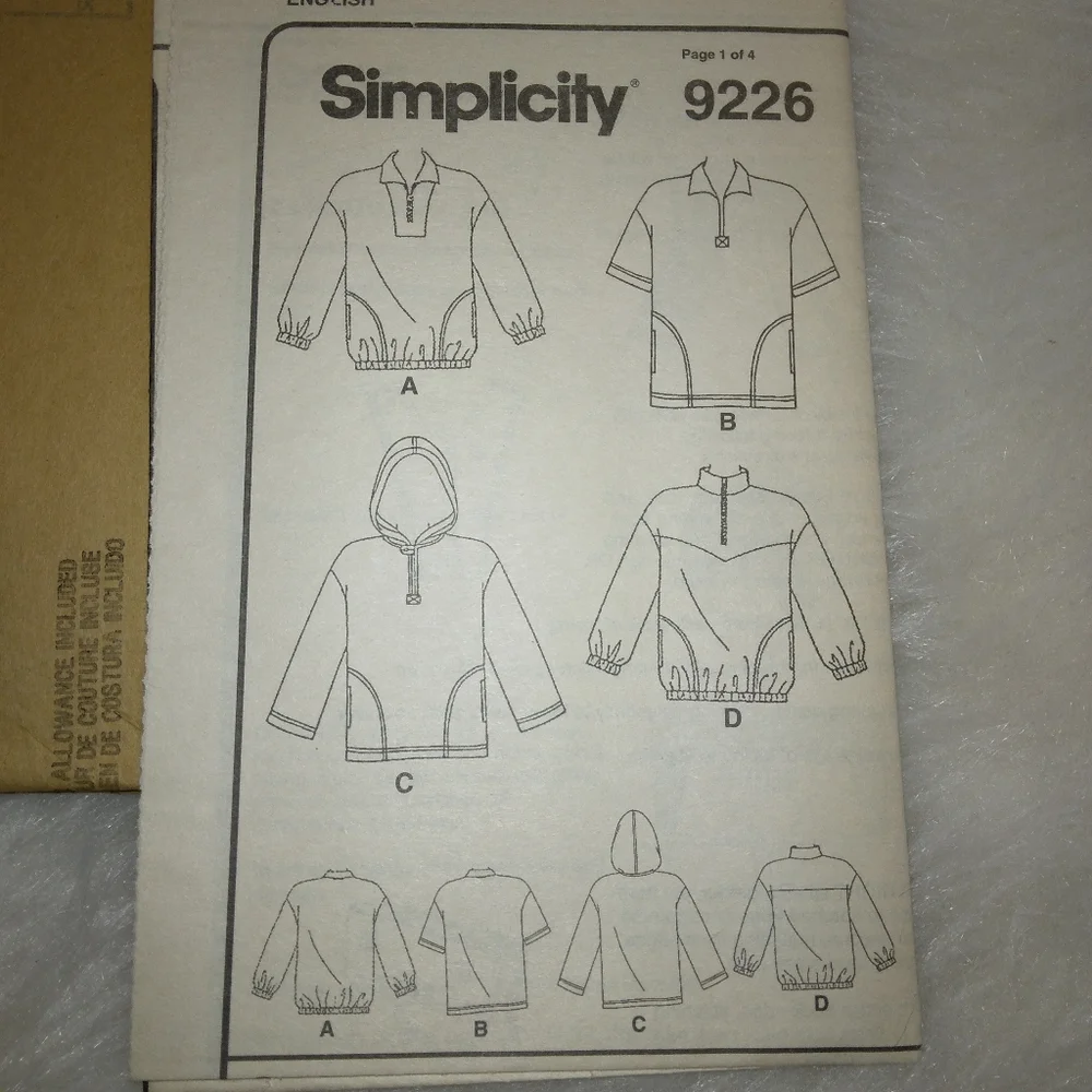 SIMPLICITY 9226 Sz L-XL Misses', Men's, Teens' Pull Over Top